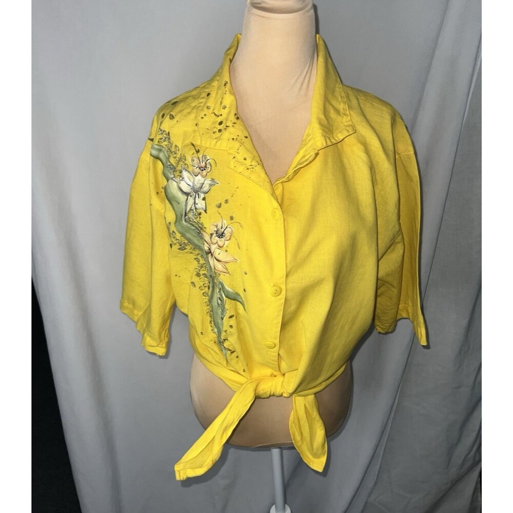 Vintage 80's  Hari tie front floral painted blouse, gathered back medium